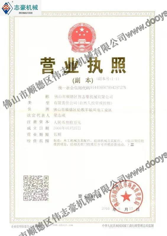 佛山市顺德区伟志豪机械有限公司磨刀机厂家荣誉证书一